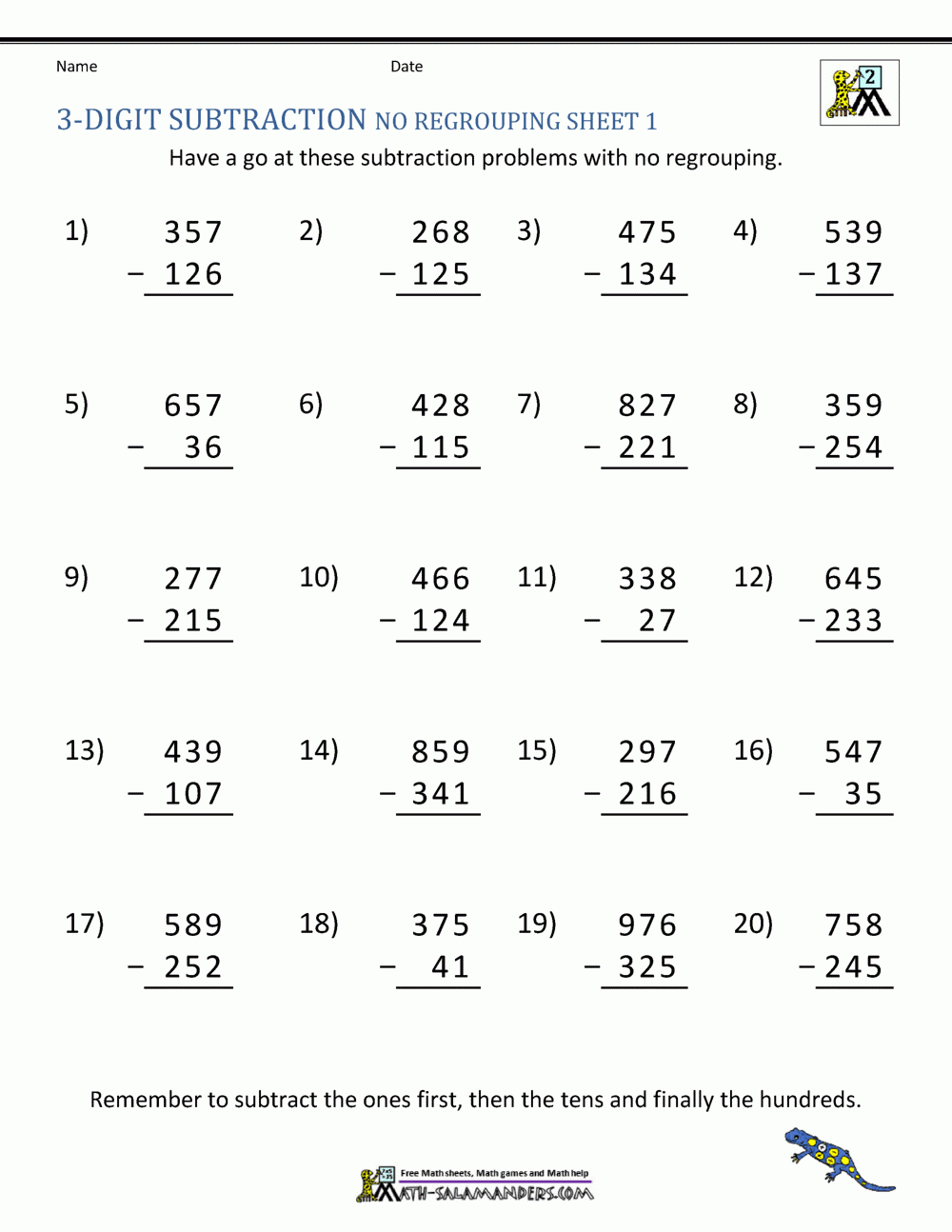 3 Digit Subtraction Worksheets