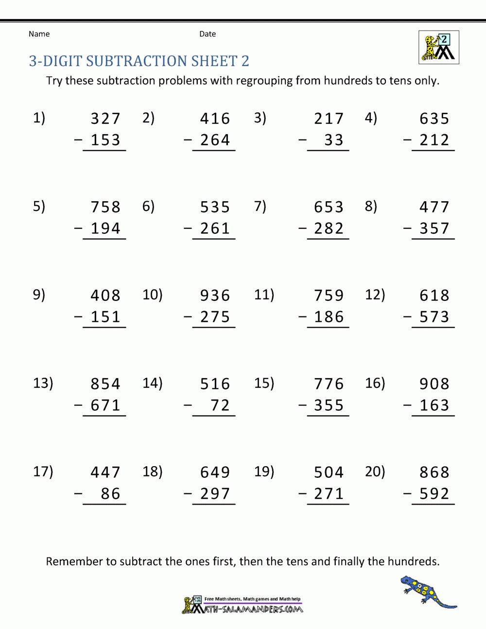 3 Digit Subtraction Worksheets