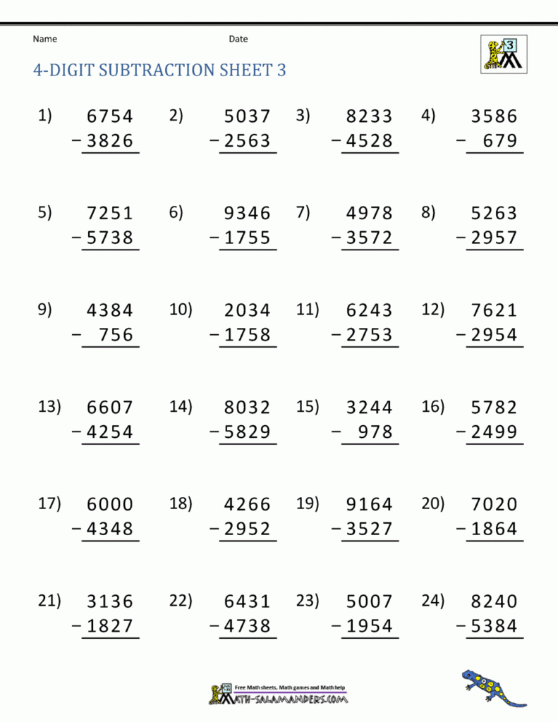 4 Digit Subtraction Worksheets