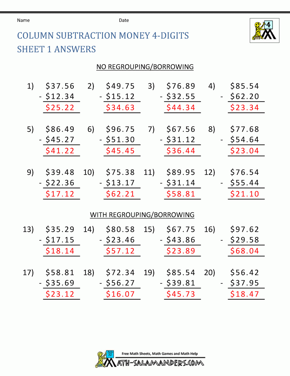 4th Grade Subtraction Worksheets