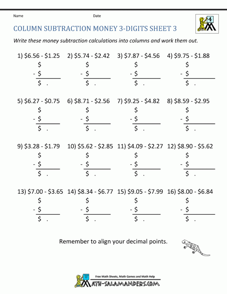 4th Grade Subtraction Worksheets