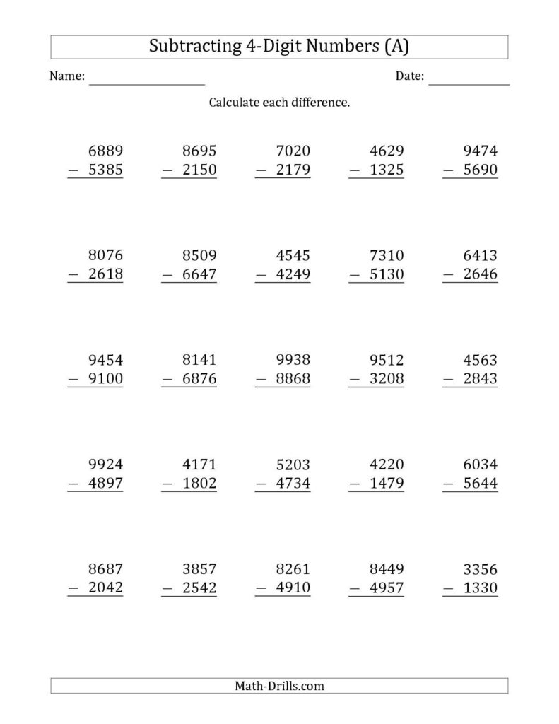 4th Grade Subtraction Worksheets Printable Learning How To Read