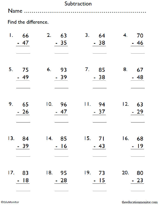 5th Grade 2 Digit Subtraction Worksheet EduMonitor