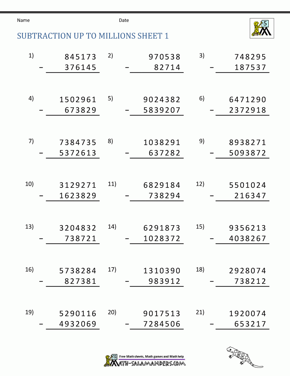 5th Grade Subtraction Worksheets