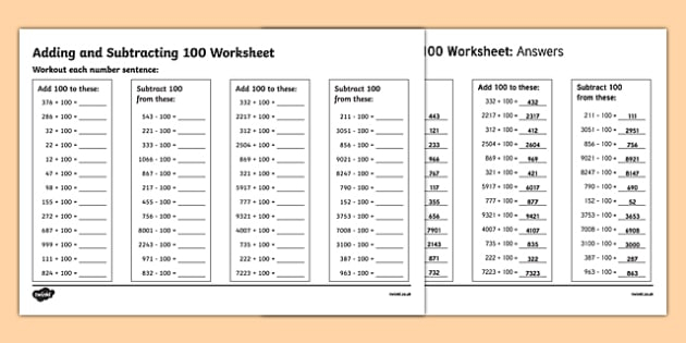 Adding And Subtracting 100 Worksheet Addition And Subtraction