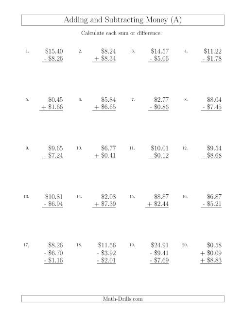 Adding And Subtracting Dollars With Amounts Up To 10 A 