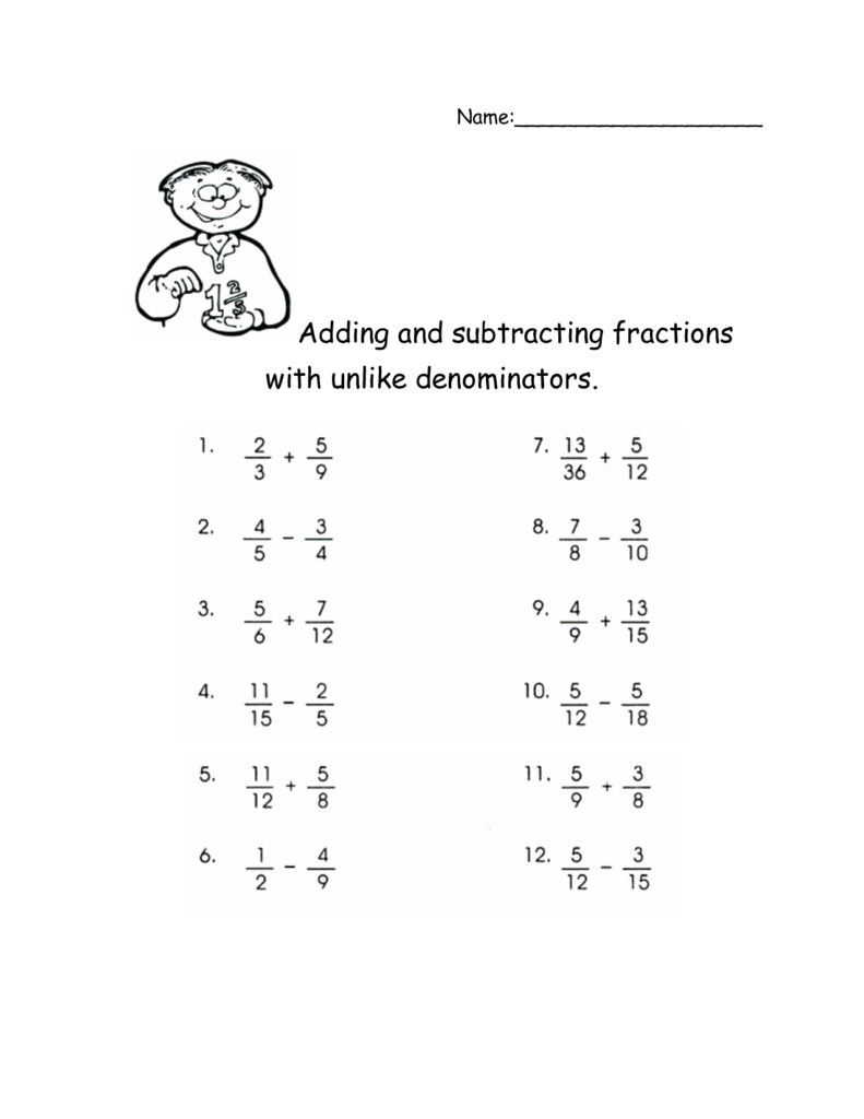 Adding And Subtracting Fractions With Unlike Denominators Activities