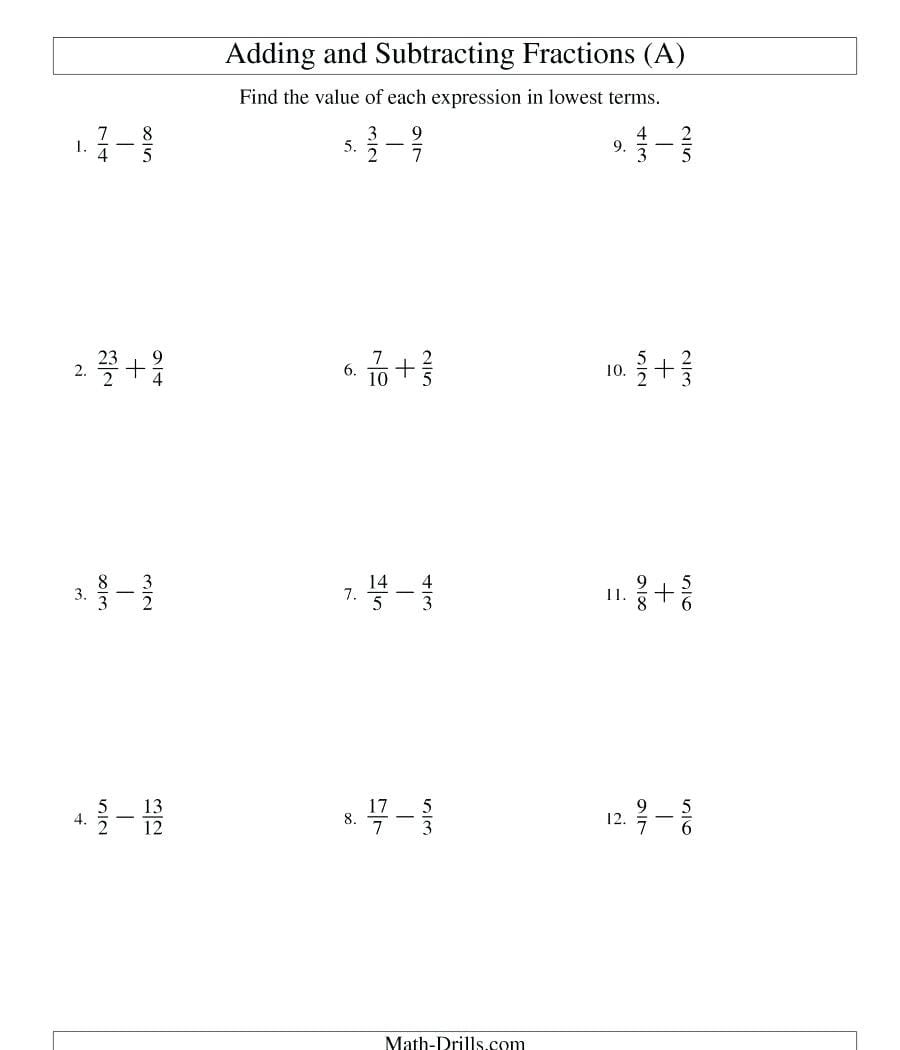 Adding And Subtracting Fractions Worksheets Common Core Subtraction 