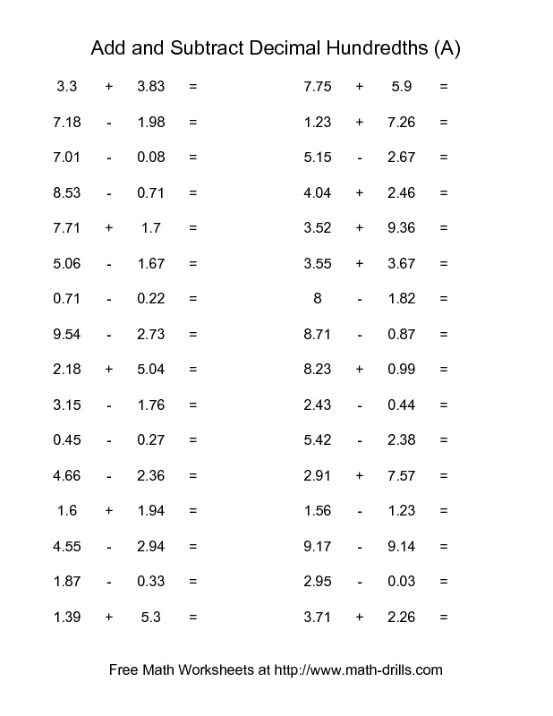 Adding And Subtracting Hundredths A Decimals Worksheet Decimals