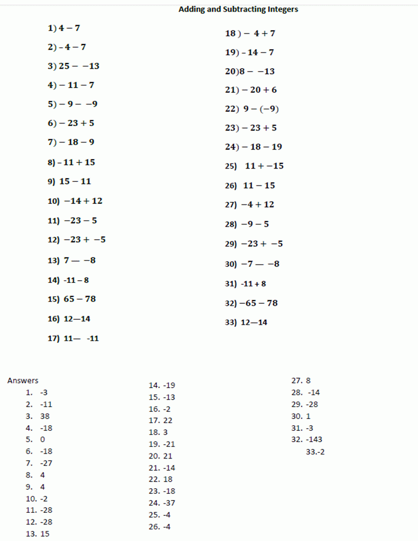 Adding And Subtracting Integer Worksheet Pdf Integers Worksheets And 