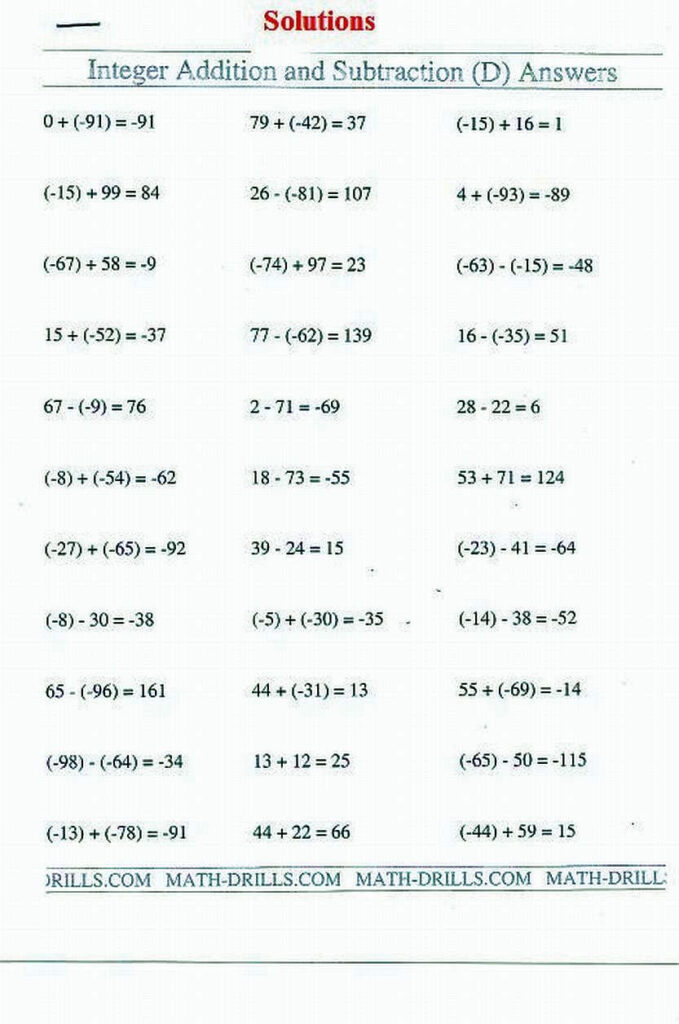 Adding And Subtracting Integers 7th Grade Worksheets