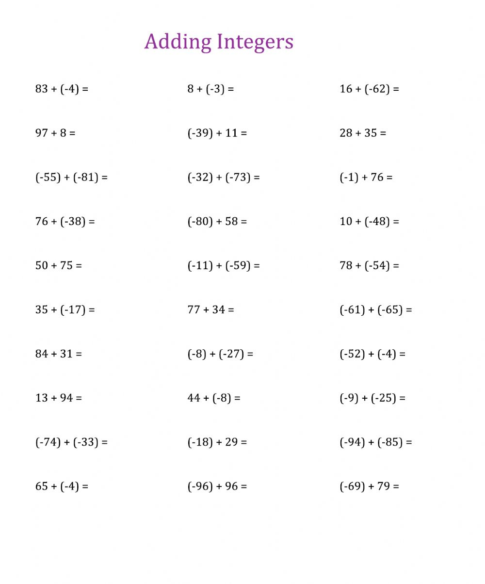 Adding And Subtracting Integers Activity