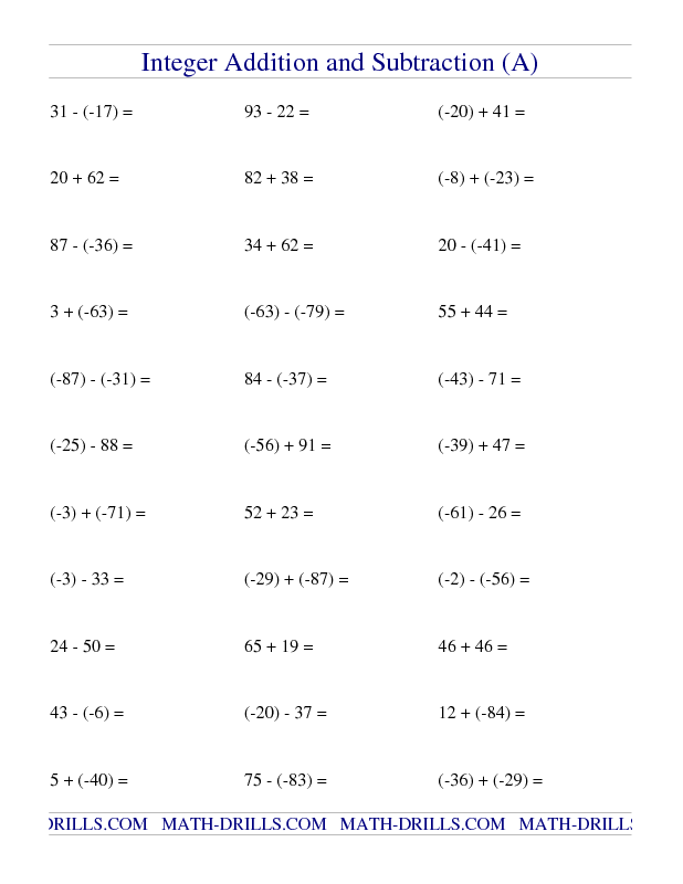 Adding And Subtracting Integers Worksheet Grade 7 Kidsworksheetfun