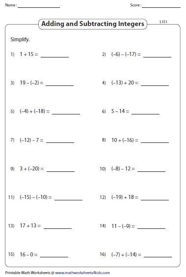 Adding And Subtracting Integers Worksheets