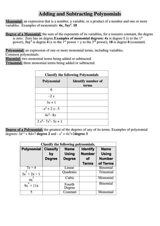 Adding And Subtracting Polynomials Worksheet Printable Pdf Download