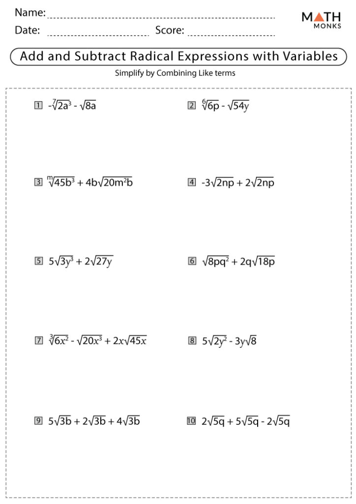 Adding And Subtracting Radicals Worksheets With Answer Key