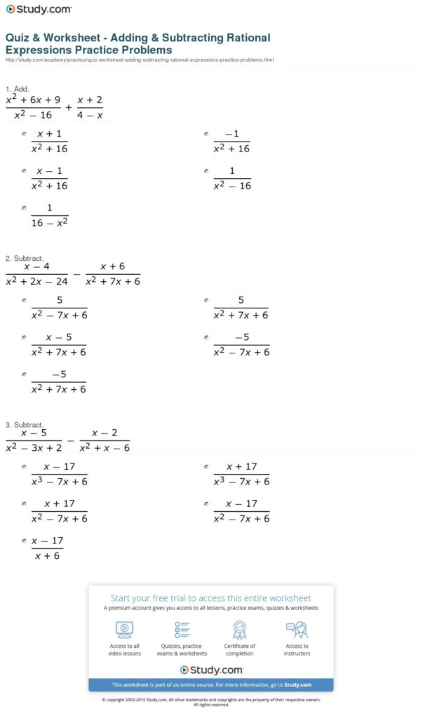 Adding And Subtracting Rational Expressions Worksheet Db excel