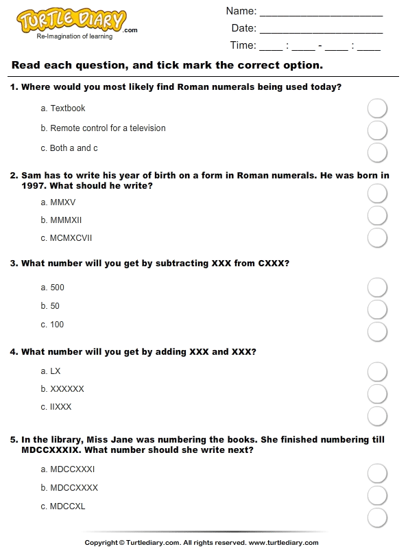 Adding And Subtracting Roman Numerals Turtle Diary Worksheet