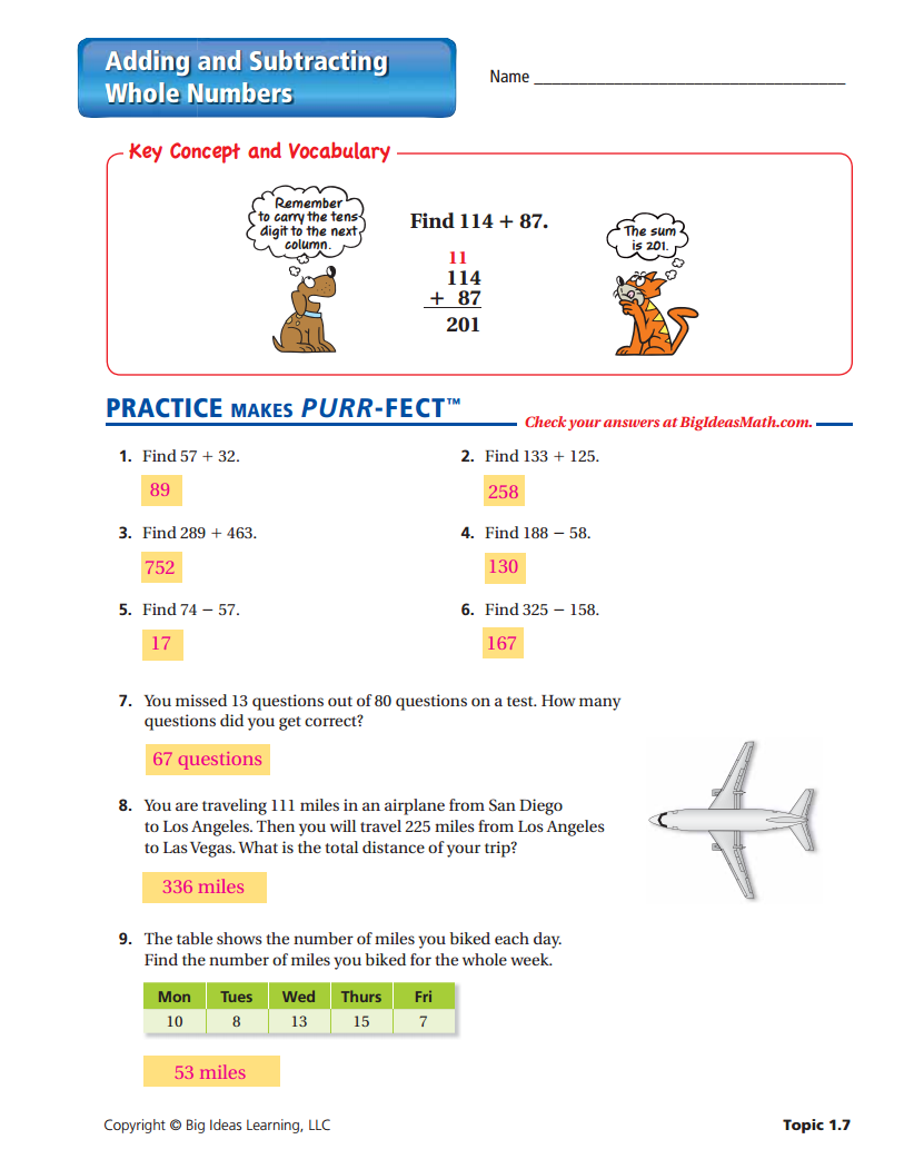 Adding And Subtracting Whole Numbers Worksheet ANSWERS Adding And 