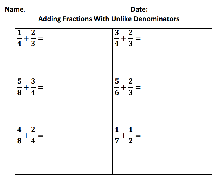 Adding Fractions With Unlike Denominators Adding Fractions 