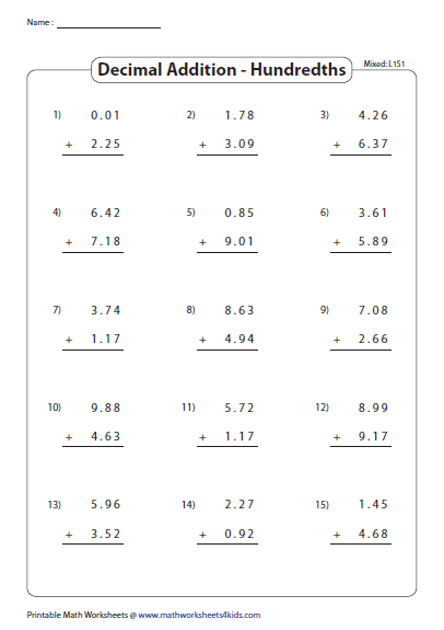 Adding Hundredths Mixed Review Decimals Worksheets Subtracting 