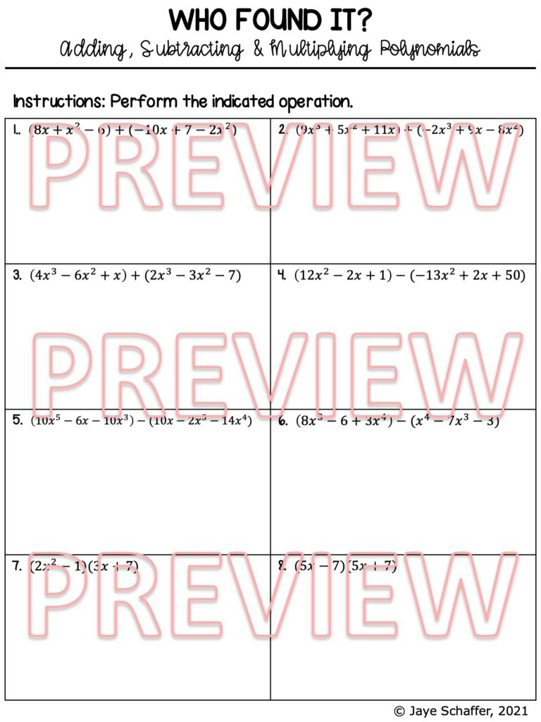 Adding Subtracting And Multiplying Polynomials Clue Mystery Activity 