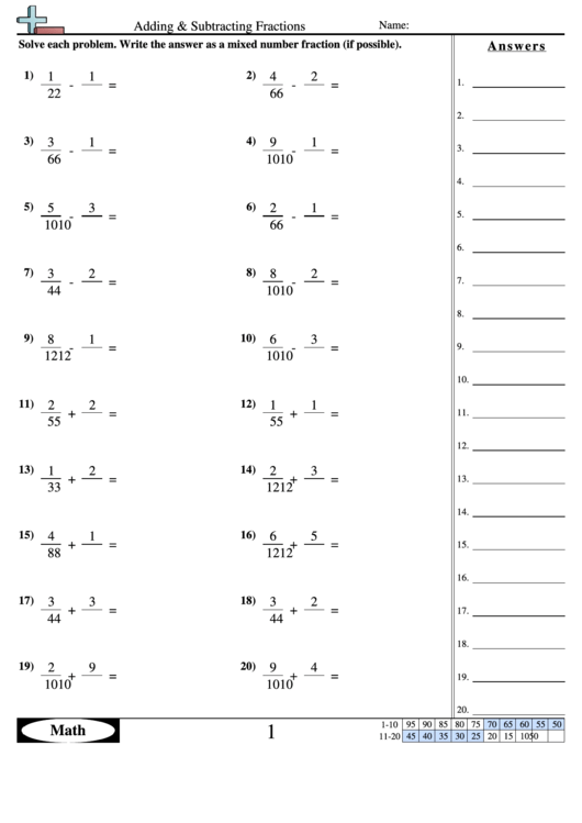 Adding Subtracting Fractions 1 Worksheet With Answer Key Printable 