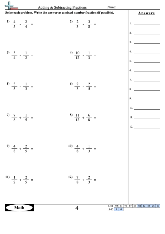 Adding Subtracting Fractions Worksheet With Answer Key Printable Pdf