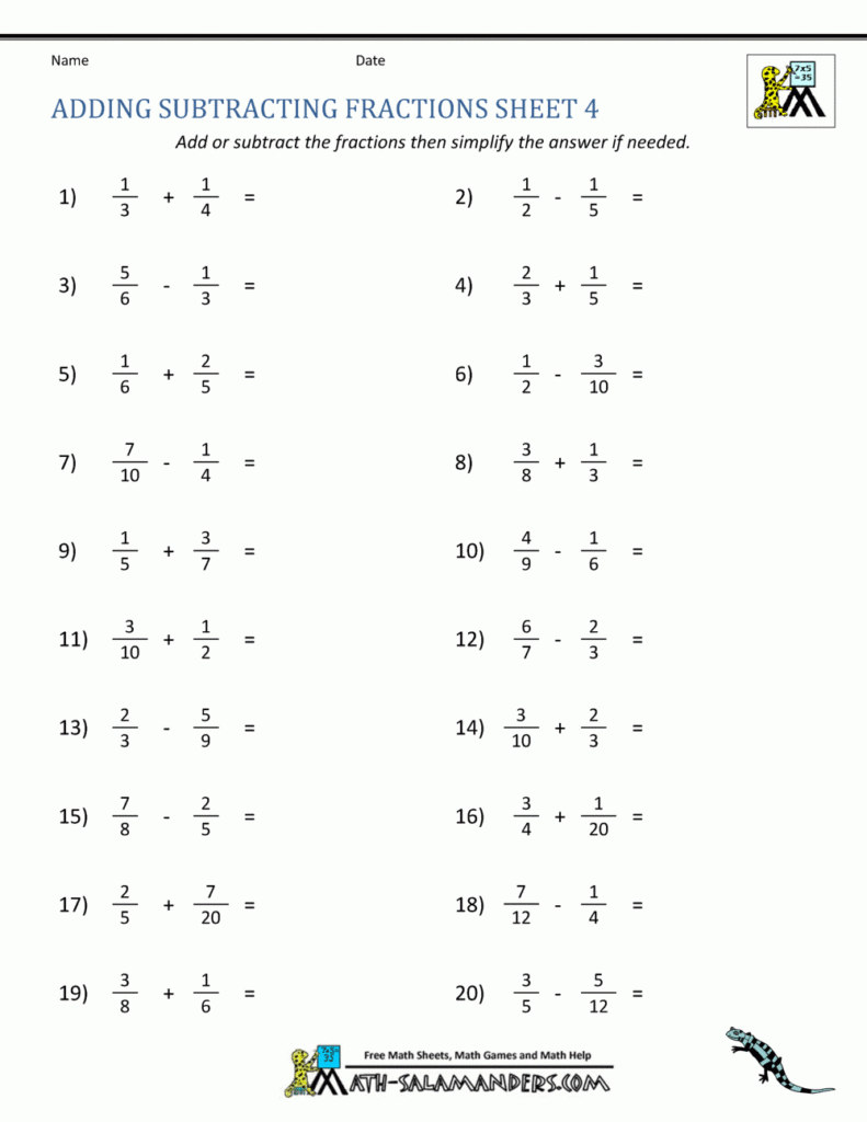 Adding Subtracting Fractions Worksheets