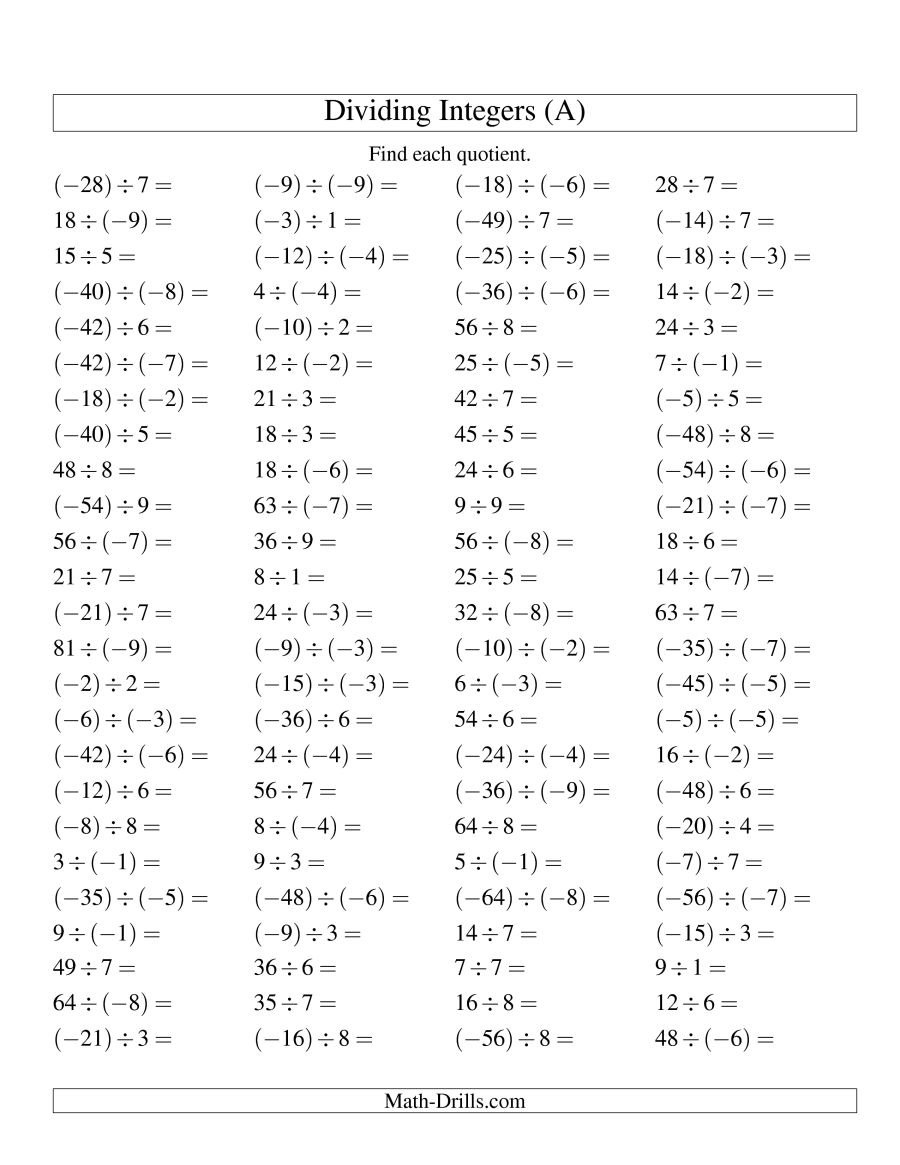 Adding Subtracting Multiplying And Dividing Integers Worksheet Pdf With 