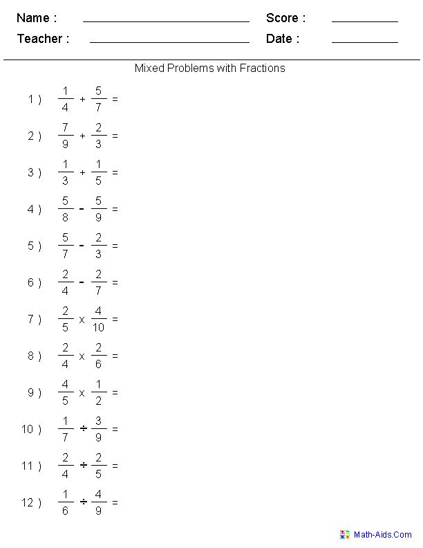Adding Subtracting Multiplying Dividing Two Fractions Worksheets Math