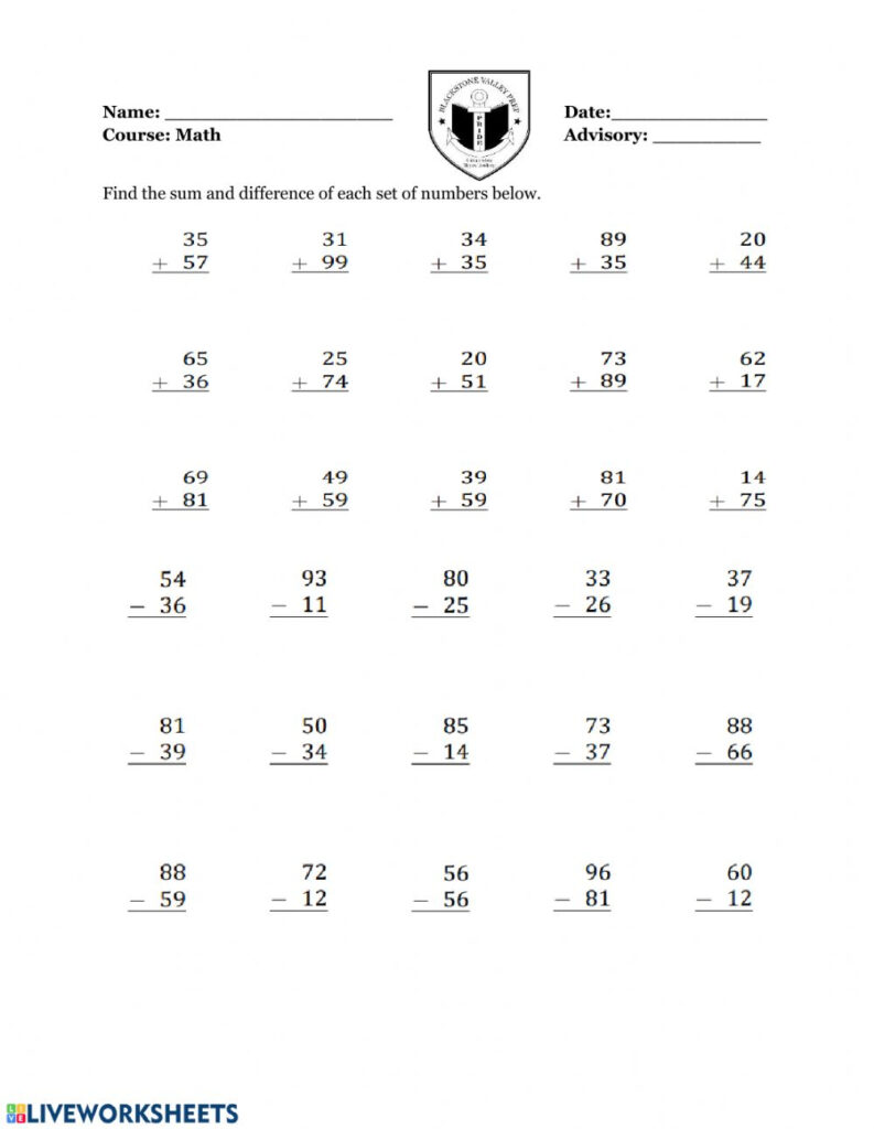 Adding Subtracting Whole Numbers Worksheet