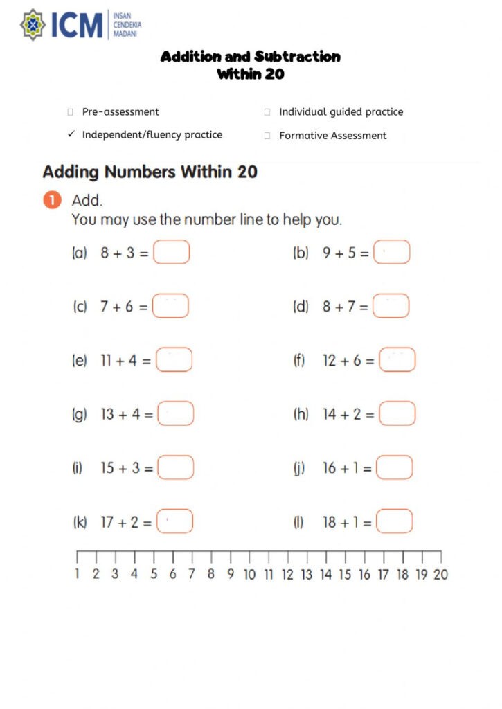 Addition And Subtraction Within 20 Worksheet