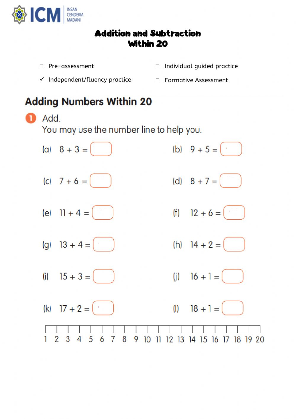 Addition And Subtraction Within 20 Worksheet