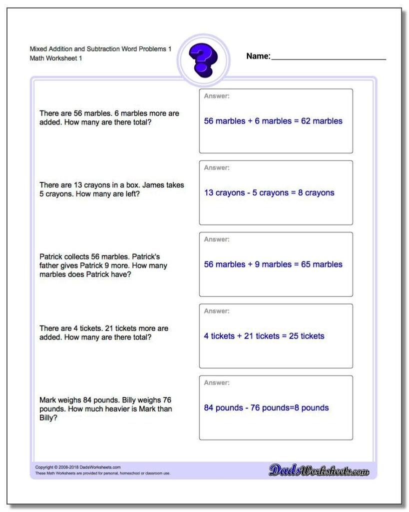 Addition And Subtraction Word Problems For 4th Grade Worksheets 