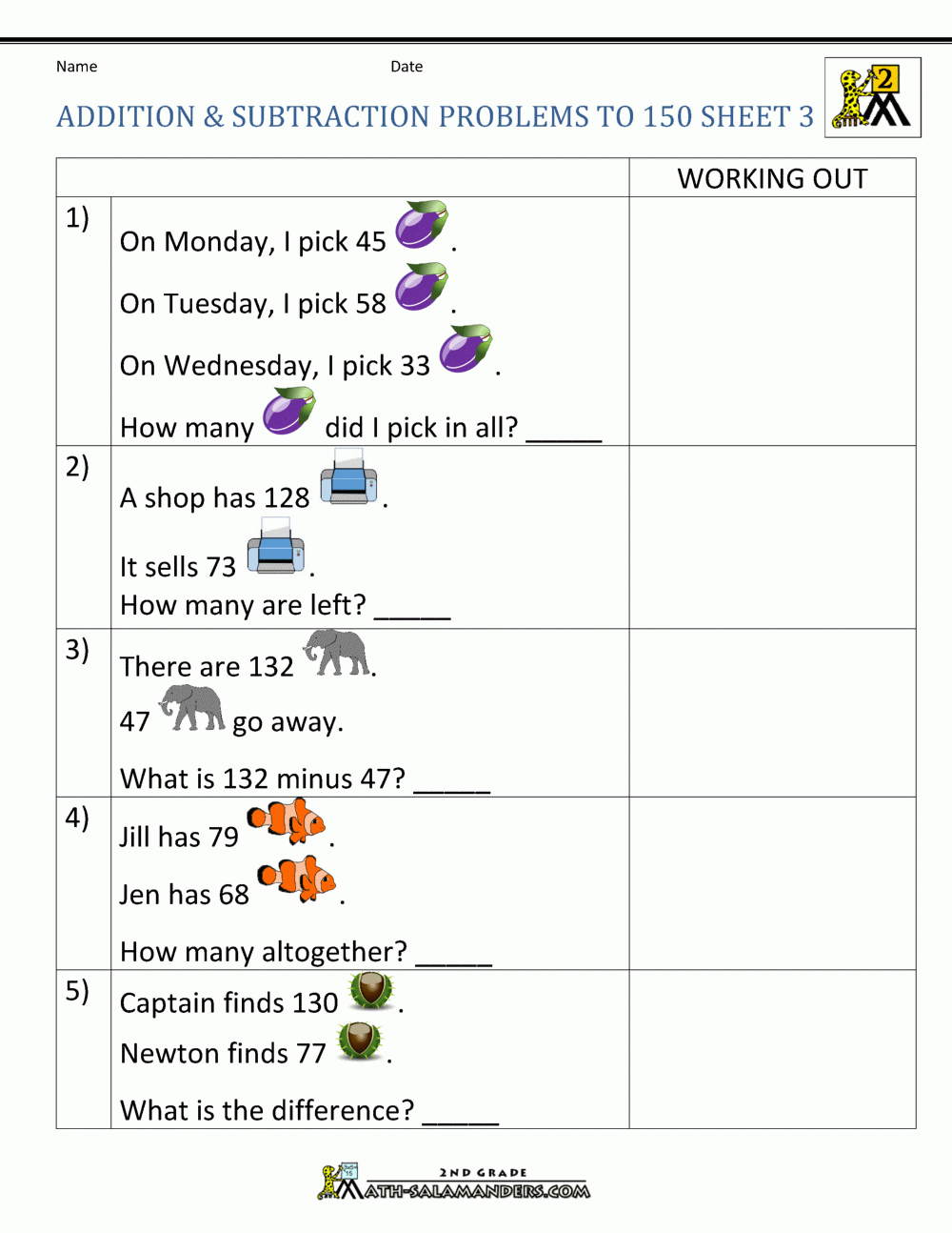 Addition Subtraction Word Problems 2nd Grade