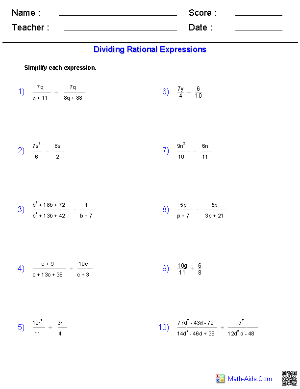 Algebra 1 Worksheets Rational Expressions Worksheets Rational 