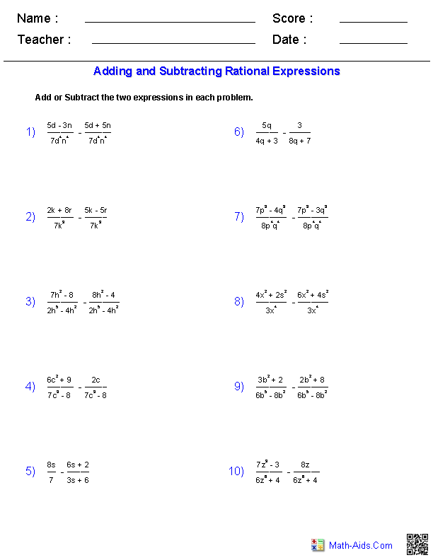Algebra 1 Worksheets Rational Expressions Worksheets Simplifying 