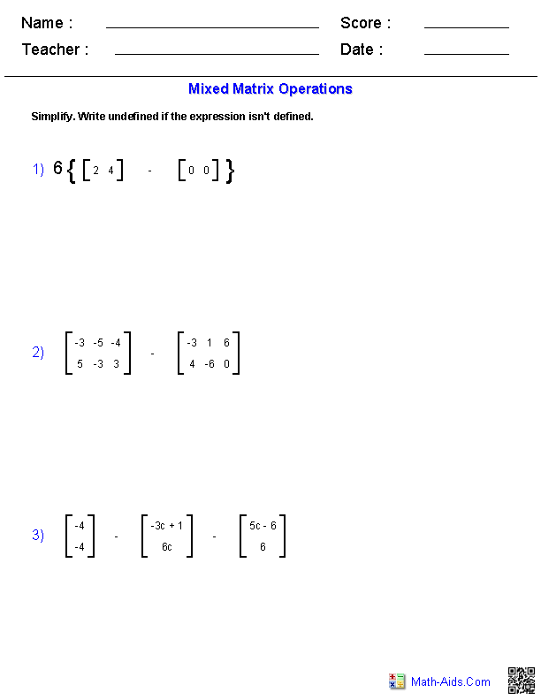 Algebra 2 Worksheets Matrices Worksheets