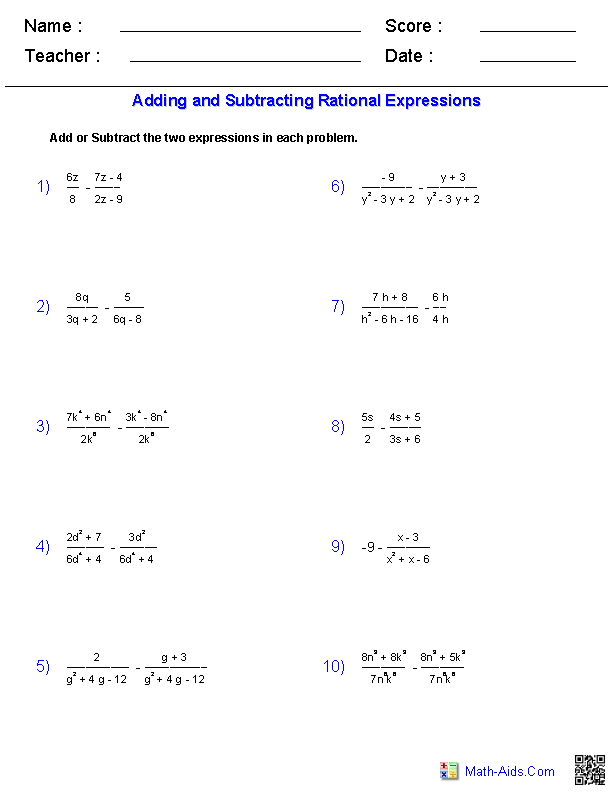 Algebra 2 Worksheets Rational Expressions Worksheets