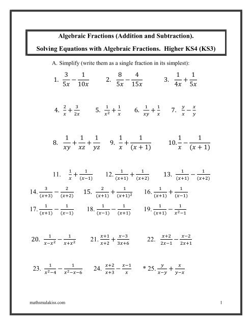 Algebraic Fractions Addition And Subtraction Solving Equations