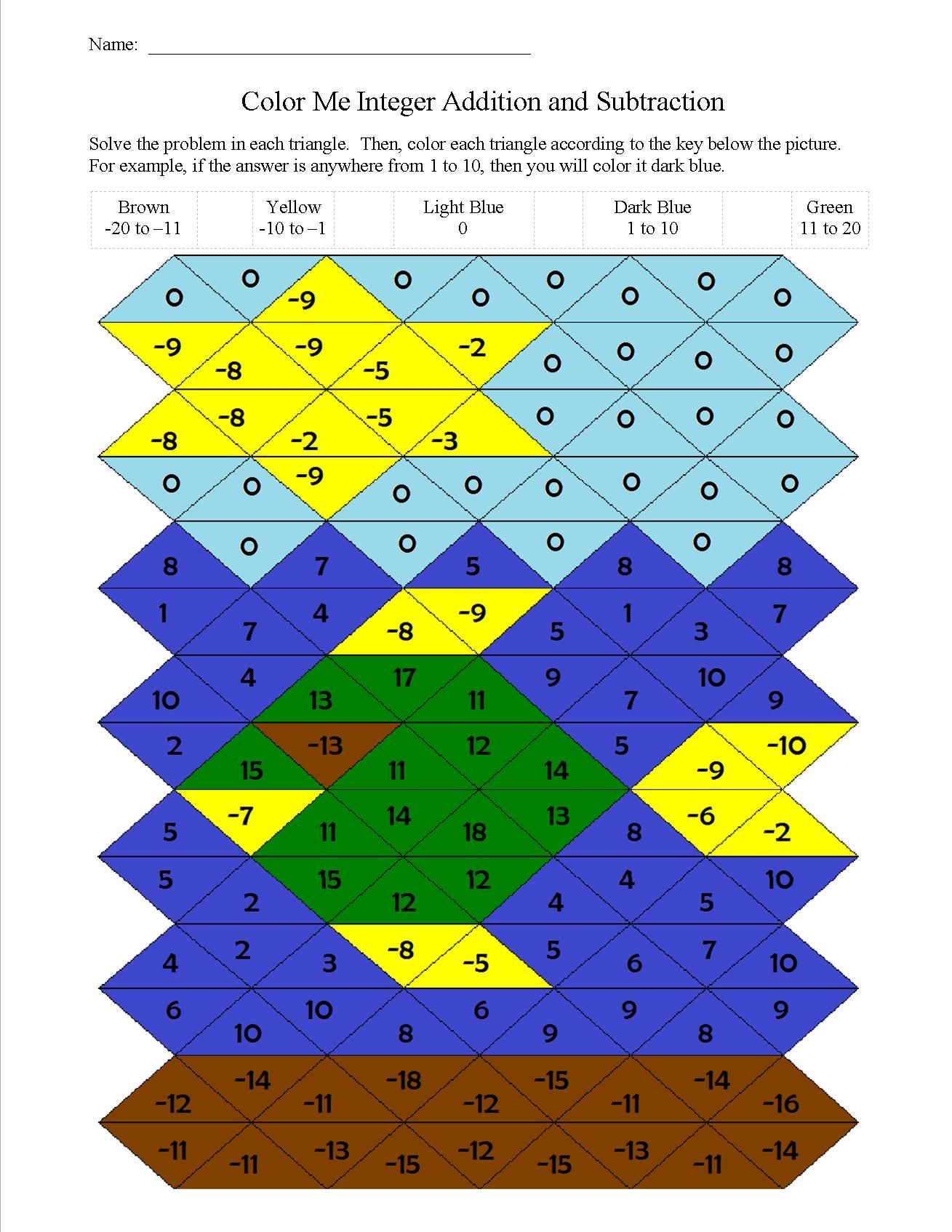 Answer Key For The Color By Number Addition And Subtraction Of Integers 