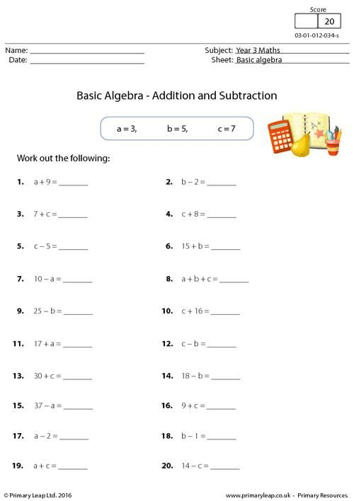 Basic Algebra Addition And Subtraction Worksheet Basic Algebra 