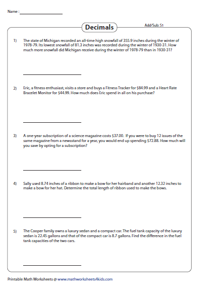 Decimal Word Problems Worksheets