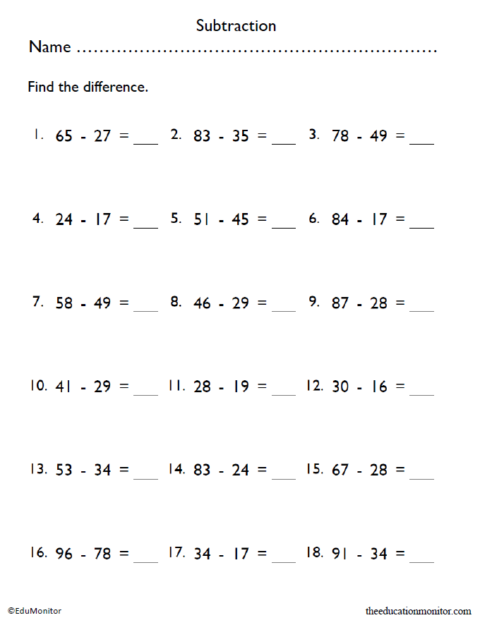 Fifth Grade Subtraction Math Worksheet EduMonitor