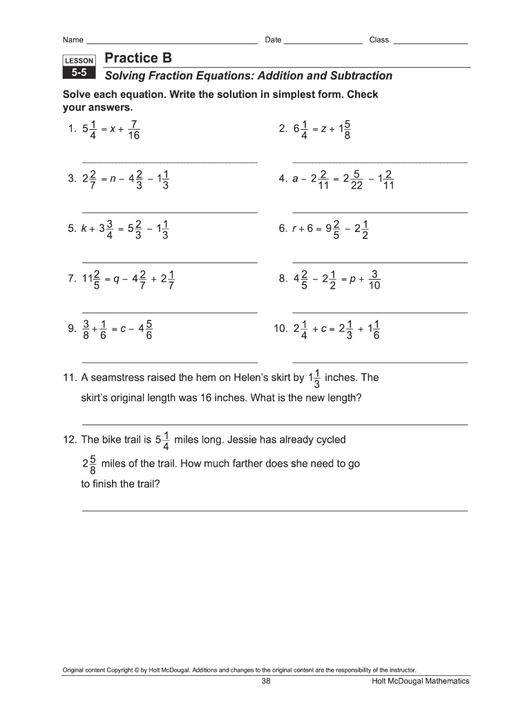 Fillable Online Wwwnew Nsd Lesson 5 5 Practice B Solving Fraction 