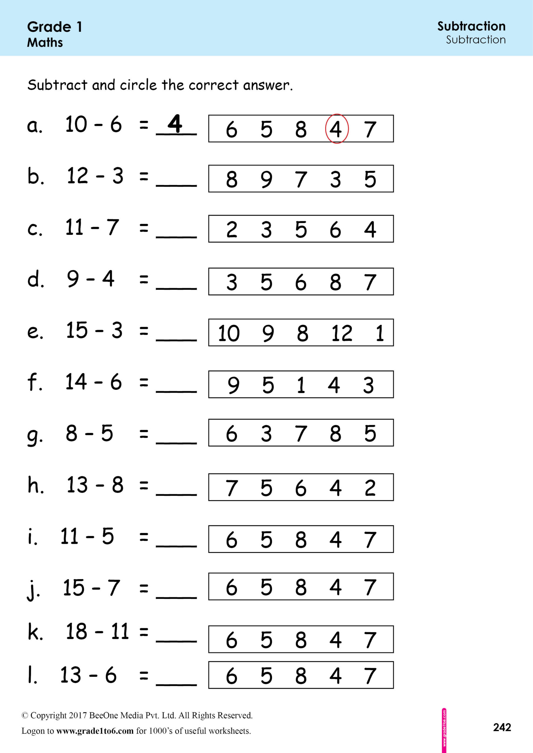 First Grade Subtraction Worksheets www grade1to6