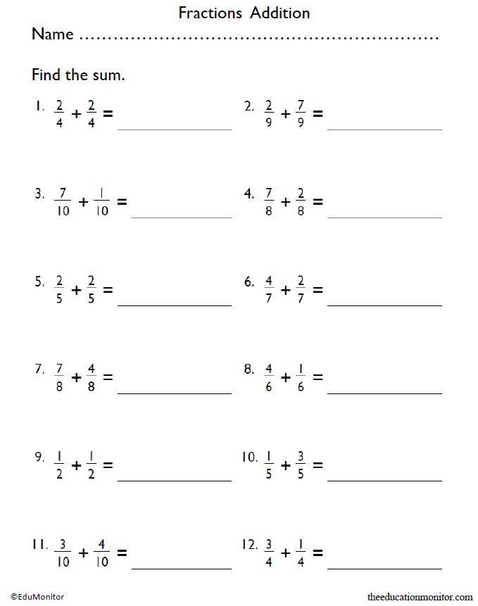 Fourth Grade Fractions Addition Worksheet EduMonitor