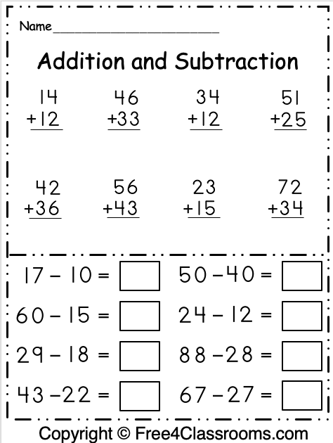Free 1st Grade Addition And Subtraction 2 Digit Math Worksheet
