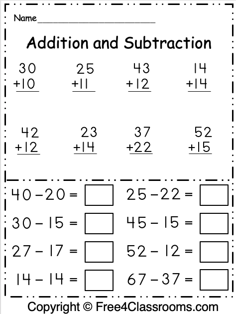 Free 1st Grade Addition And Subtraction Math Worksheet Free4Classrooms